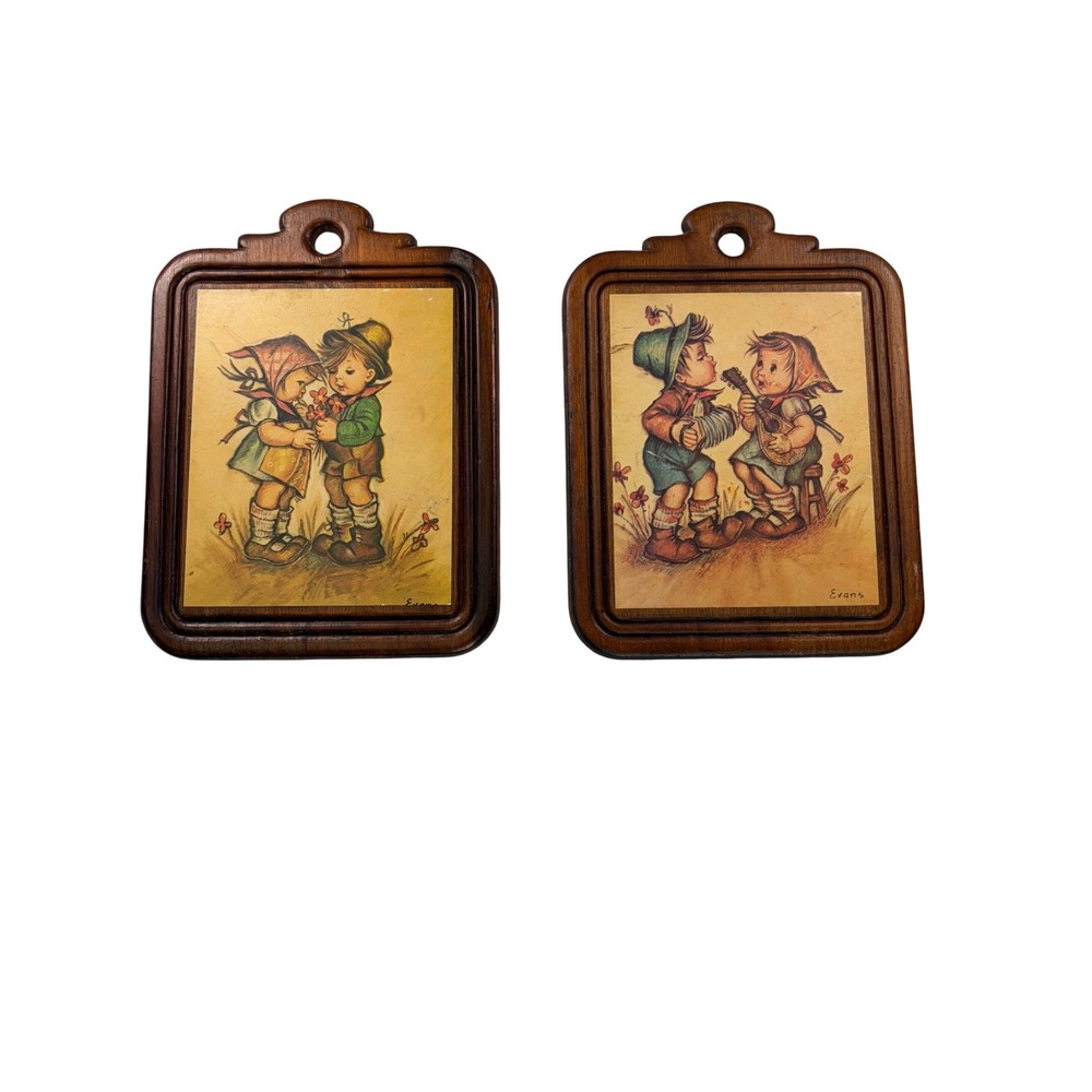 Vintage Style of Hummel Children Print Set On Wood Evans Artwork Mid Century